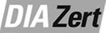 Logo von DIAZert – schwarz-weißer Schriftzug auf grauem Hintergrund