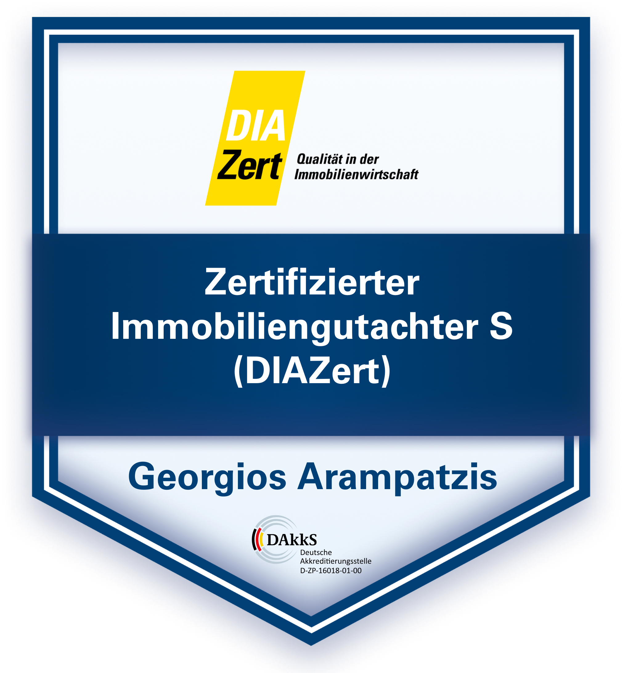 Zertifiziertes Siegel: Georgios Arampatzis – Zertifizierter Immobiliengutachter S (DIAZert) nach DAkkS-akkreditiertem Standard